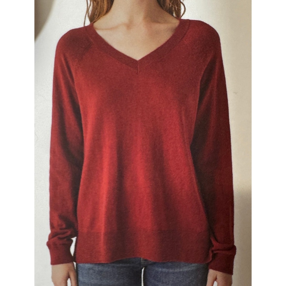 Lucky Brand Womens Burgundy V-Neck Raglan Sleeve Cotton‎ Blend Sweater S Small